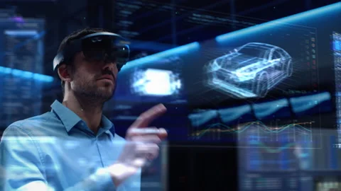 Male Using Augmented Reality Software in Headset Vídeo Stock 158890104