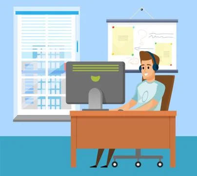 Male Using Computer, Office Place, Worker Vector Illustrazione stock