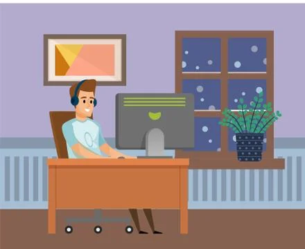 Male Using Computer, Working with PC, Hobby Vector Stock Illustration