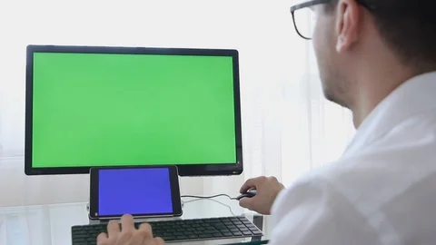  Male Using Smartphone or Tablet with Blue Screen and Creating using CAD soft Video stock 111144854