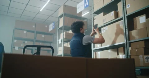Male warehouse worker scans code on parcel, loads pallet truck with cardboard Stock Footage 307581679