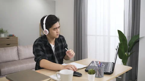Male wearing headset is having fun singing Vídeo Stock 213579294