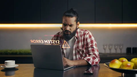 Male web developer experiencing system error on futuristic holographic screen Stock Footage 329506657