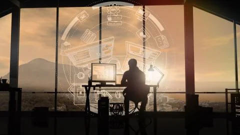 Male web developer silhouette and virtual infographics. Stockillustratie