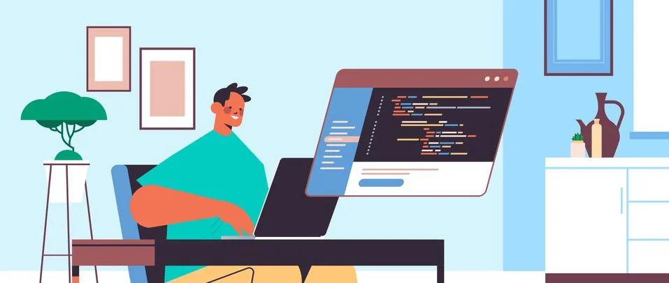 Male web developer using laptop creating program code development of software Stockillustratie