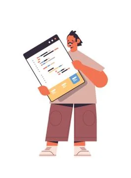 Male web developer using tablet creating program code development of software Illustrazione stock