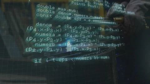 Male welder operating torch in technology workshop, displaying animated code 스톡 동영상 308100331