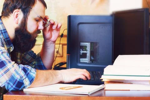 Male work computer pen write Foto stock