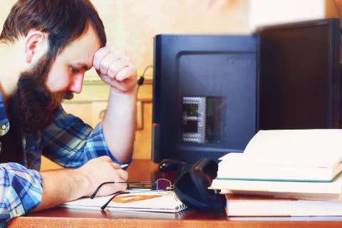 Male work computer pen write Foto stock