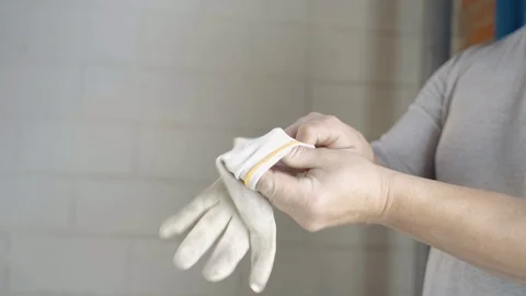 Male Worker Builder Guest Worker Wearing Gloves Hands Stock Footage 129327201