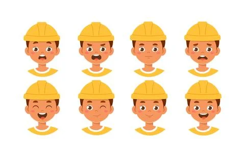 Male worker constructor. Man in protective hat with different emotions and Stock Illustration