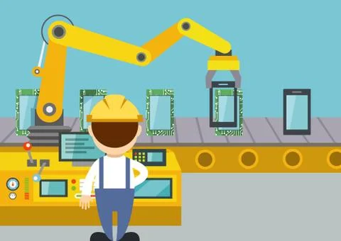 Male worker controlled tablets assembly line Stock Illustration