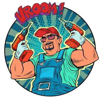 A male worker with a drill. Carpenter or builder, repair. Home power tools Ilustración de archivo