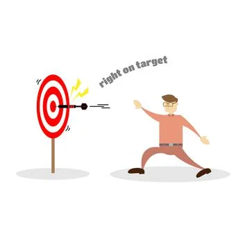 A male worker hits the mark in throwing darts. Right on target Ilustração Stock