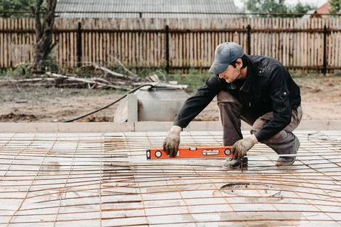 Male worker measures the construction level of rebar for the foundation Stock Photos