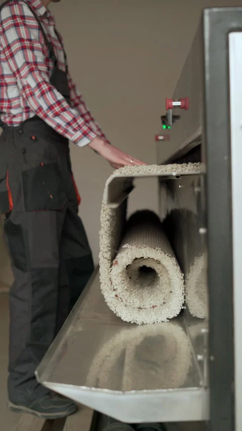 Male worker operating carpet automatic beating machine in professional laundry Stock Footage 269419447