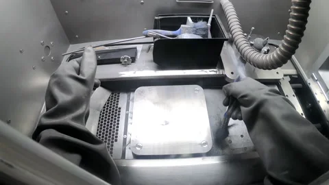 Male worker in rubber glove cleans printing platform inside 3d printer for metal Stock Footage 166068752