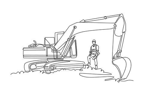 Male worker standing next to a large heavy excavator machine Stock Illustration