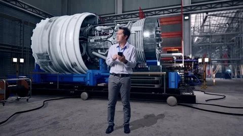 Male Worker Use Smartphone And Looking Around With Jet Engine Stock Footage 306608355