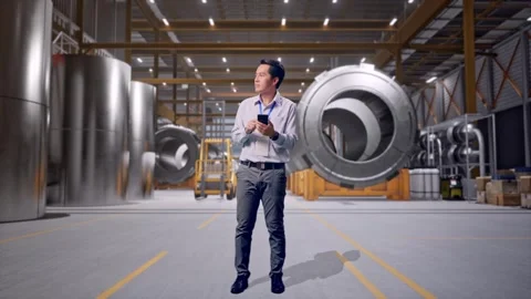 Male Worker Use Smartphone And Looking Around at Heavy Factory Stock Footage 340815488