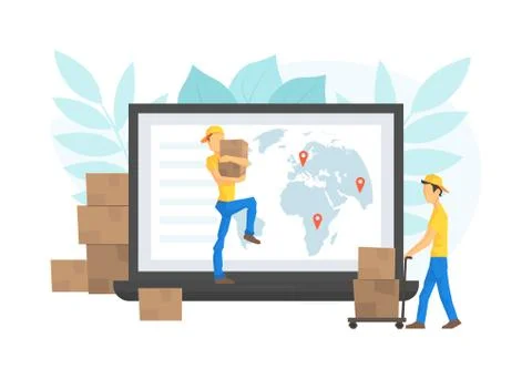 Male Workers Delivering Parcel Boxes through Computer Screen, Worldwide Delivery Stock Illustration