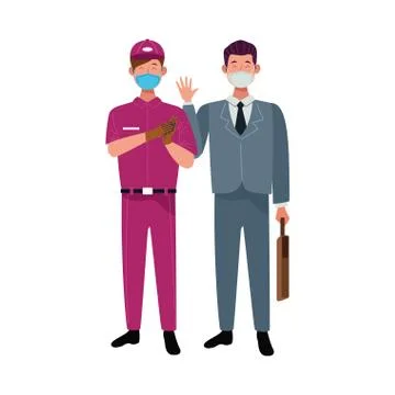 Male workers using face masks for covid 19 Illustrazione stock