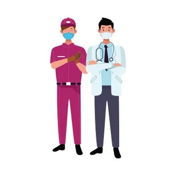 Male workers using face masks for covid 19 Illustrazione stock