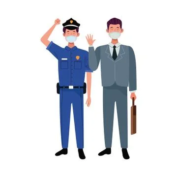 Male workers using face masks for covid 19 Illustrazione stock