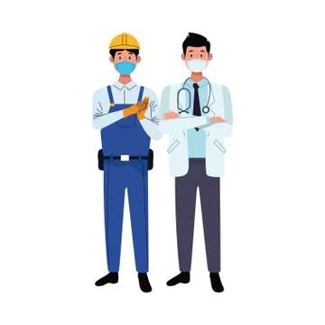 Male workers using face masks for covid 19 Illustrazione stock