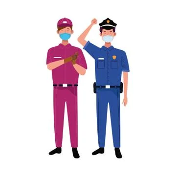 Male workers using face masks for covid 19 Illustrazione stock
