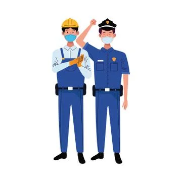 Male workers using face masks for covid 19 Illustrazione stock