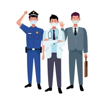 Male workers using face masks for covid 19 Illustrazione stock