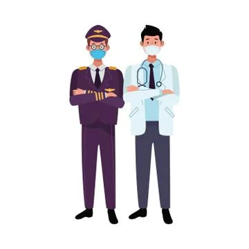 Male workers using face masks for covid 19 Illustrazione stock