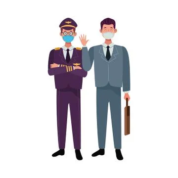 Male workers using face masks for covid 19 Illustrazione stock