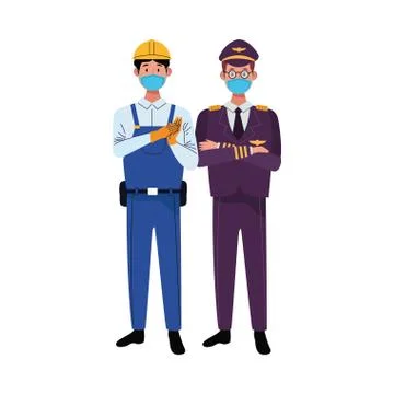 Male workers using face masks for covid 19 Illustrazione stock
