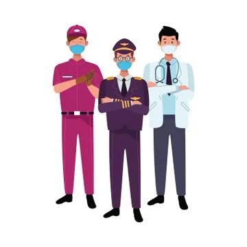 Male workers using face masks for covid 19 Illustrazione stock
