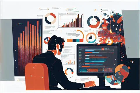 Male working at a computer with a large screen in front of him Stock Illustration