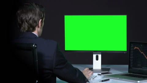 Male Working With Green Screen Stockbeeldmateriaal 210634604