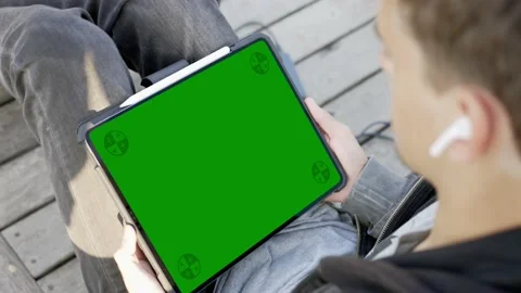 Male Working Outdoor with Tablet Computer Stock Footage 223183938
