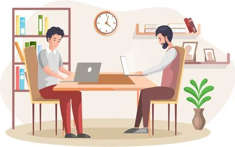 Male working persons sitting with computer at table in room and correspondence Stock Illustration