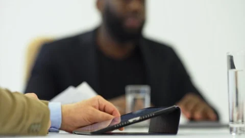 The male working with a tablet on the office table Video stock 109516217