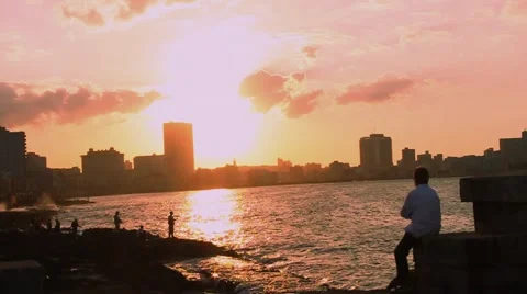 Malecon at Sunset, Havana, Cuba Stock Footage 45521731