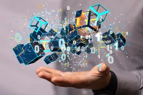 Male's hand holding actionable analytics connecting people on the internet Stock Photos