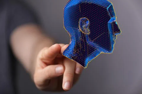 Male's hand pointing to a 3D rendering of an artificial human intelligence 스톡 사진