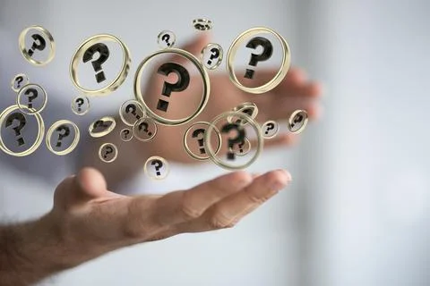 A male's hands holding a 3D rendering illustration of digital question marks Stock Photos