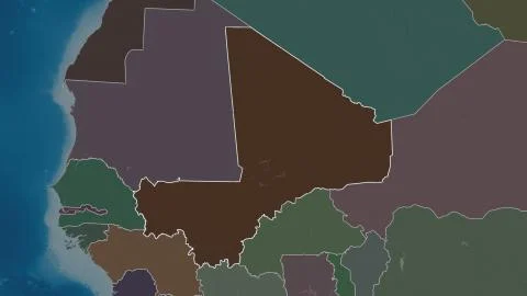 Mali. Colored and bumped map of the administrative division with surface wate イラスト素材
