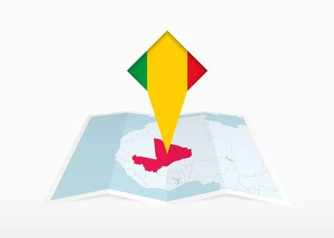 Mali is depicted on a folded paper map and pinned location marker with flag.. Stock Illustration