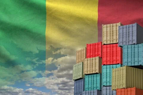 Mali flag and big stack of shipping cargo containers in docks with sky イラスト素材