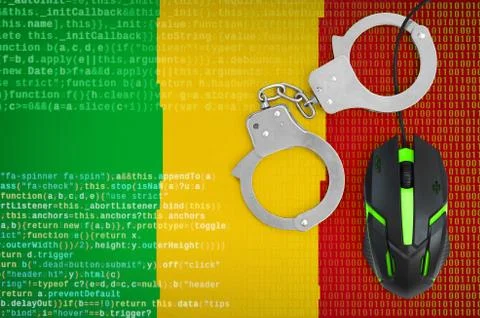 Mali flag  and handcuffed computer mouse. Combating computer crime, hackers a Stock-Fotos