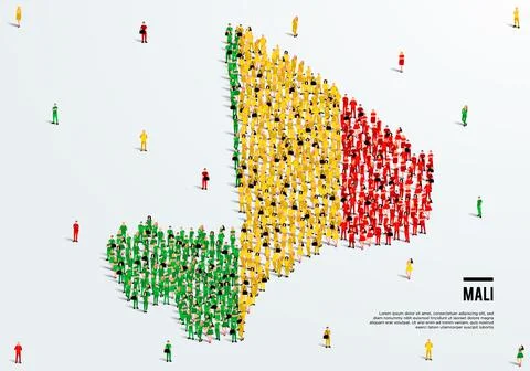 Mali Map and Flag. A large group of people in the Mali flag color. Illustrazione stock